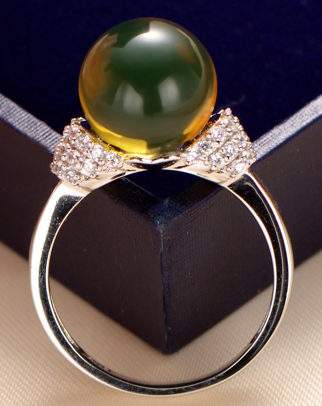 天然蓝珀925银镶圆珠戒指13#附证书