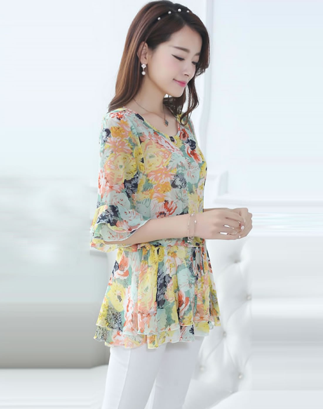 黄花中长款碎花雪纺衫