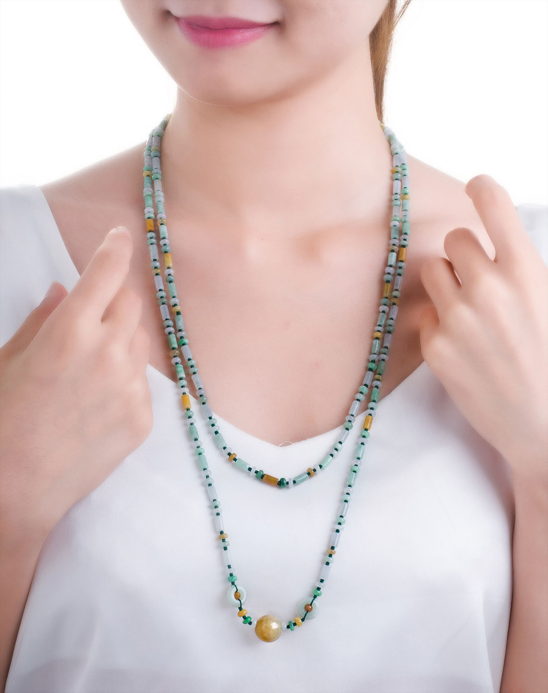 冰糯种节节高升天然a货翡翠三彩项链