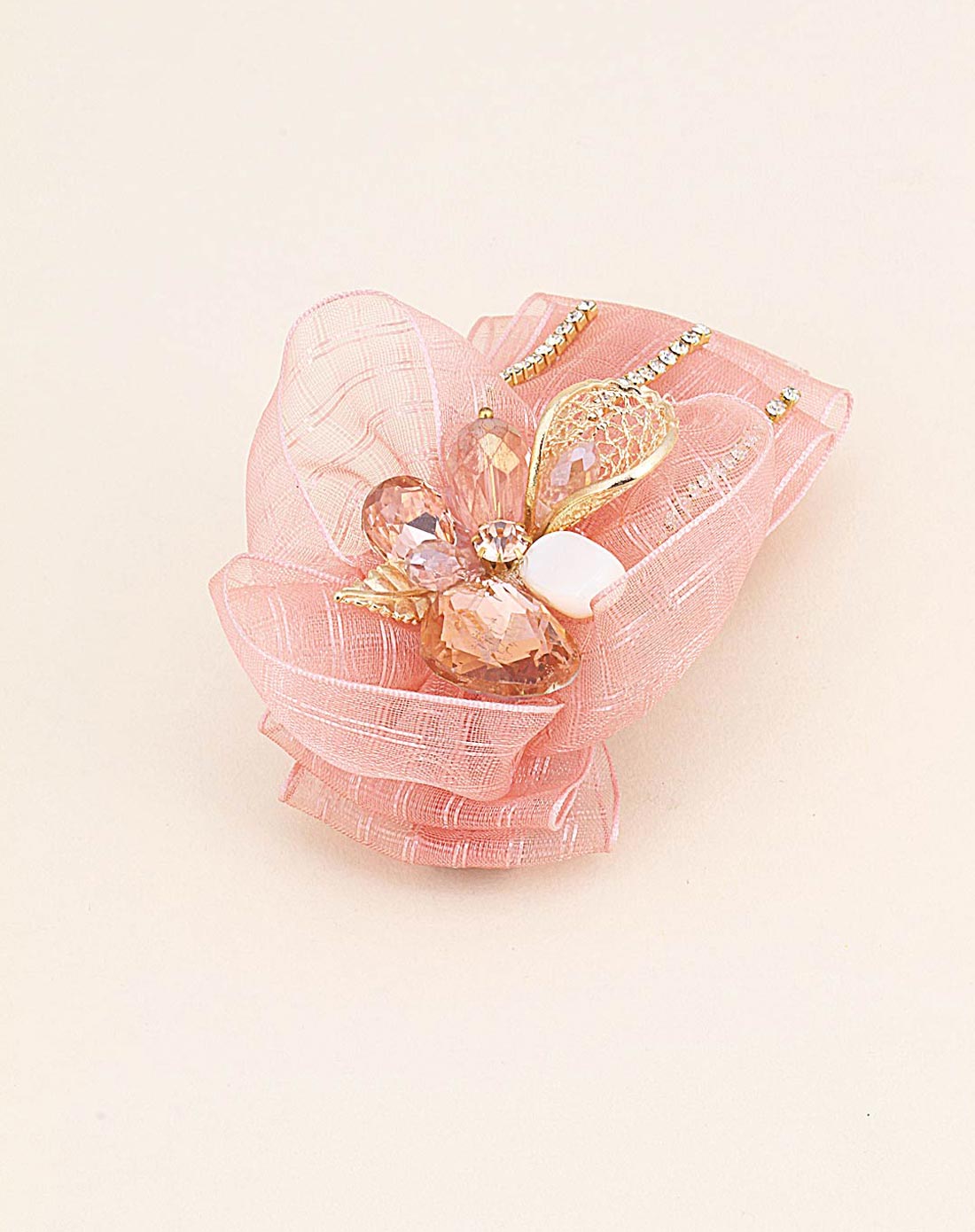 粉色欧根纱水晶发夹