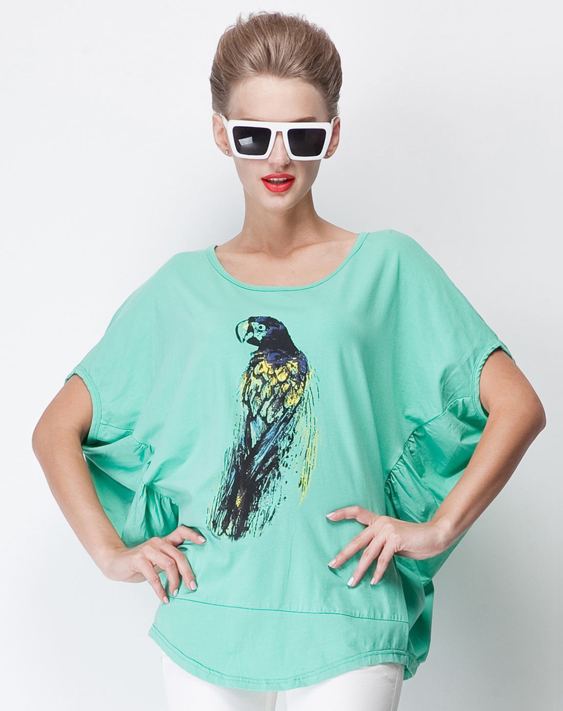 松石绿圆领宽松鹦鹉图案上衣