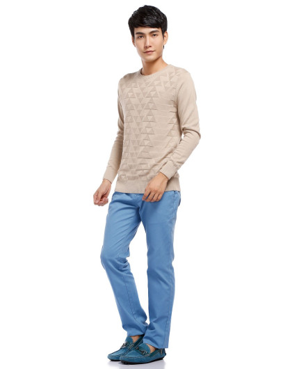 男款小麦色圆领正反针提花线衫