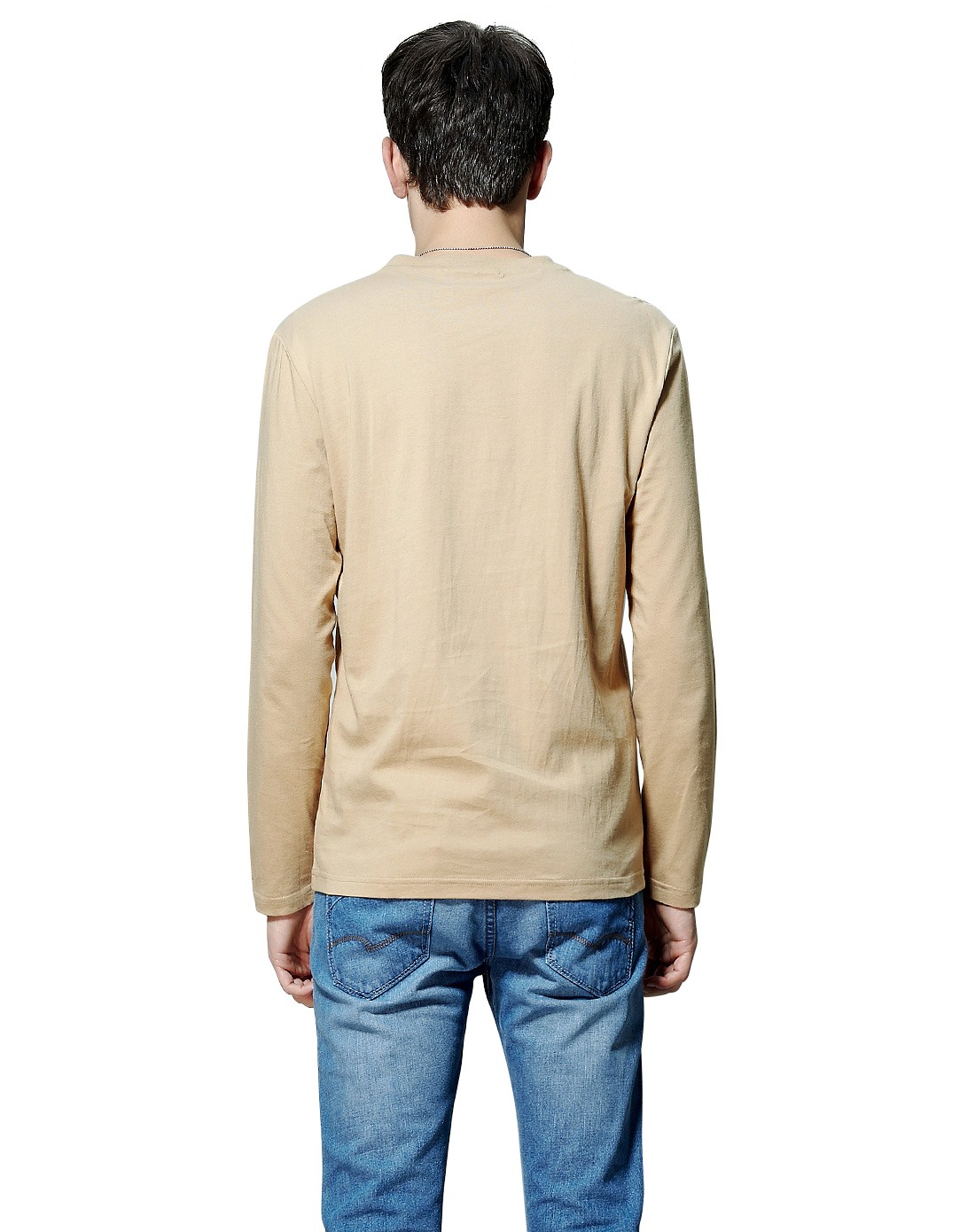 男款小麦色长袖印花t恤