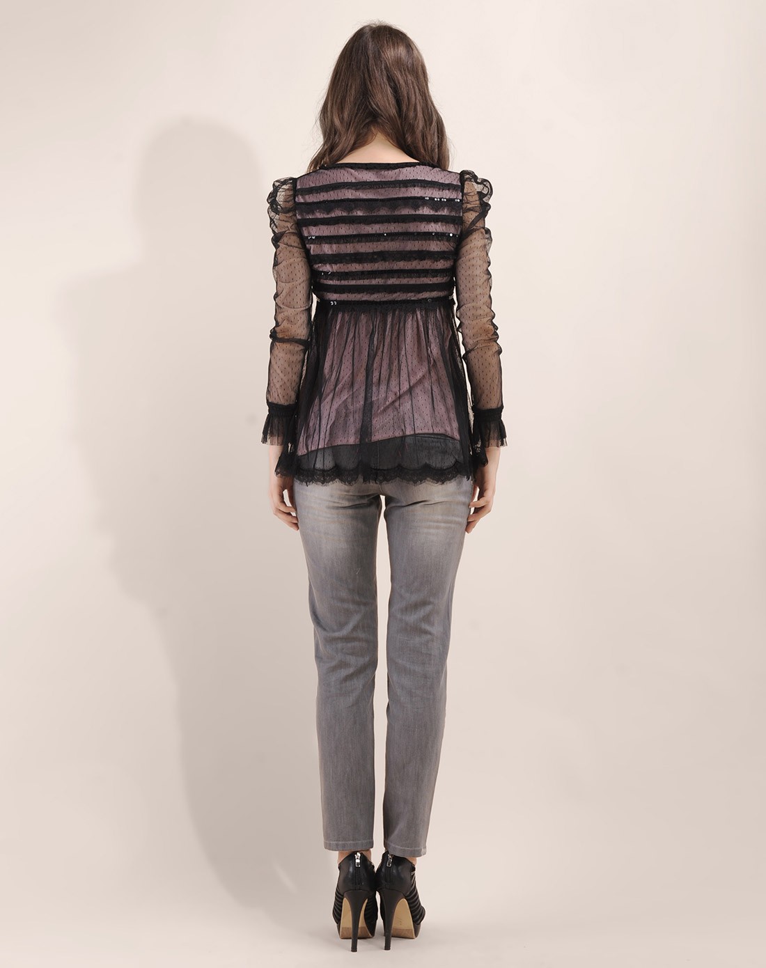 永恒颜色eternal.color魅力蕾丝紫黑色长袖上衣f18718-07_唯品会