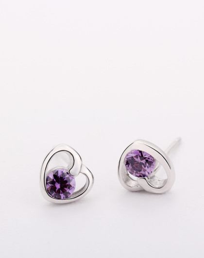 紫色s925纯银3a锆石爱心耳钉