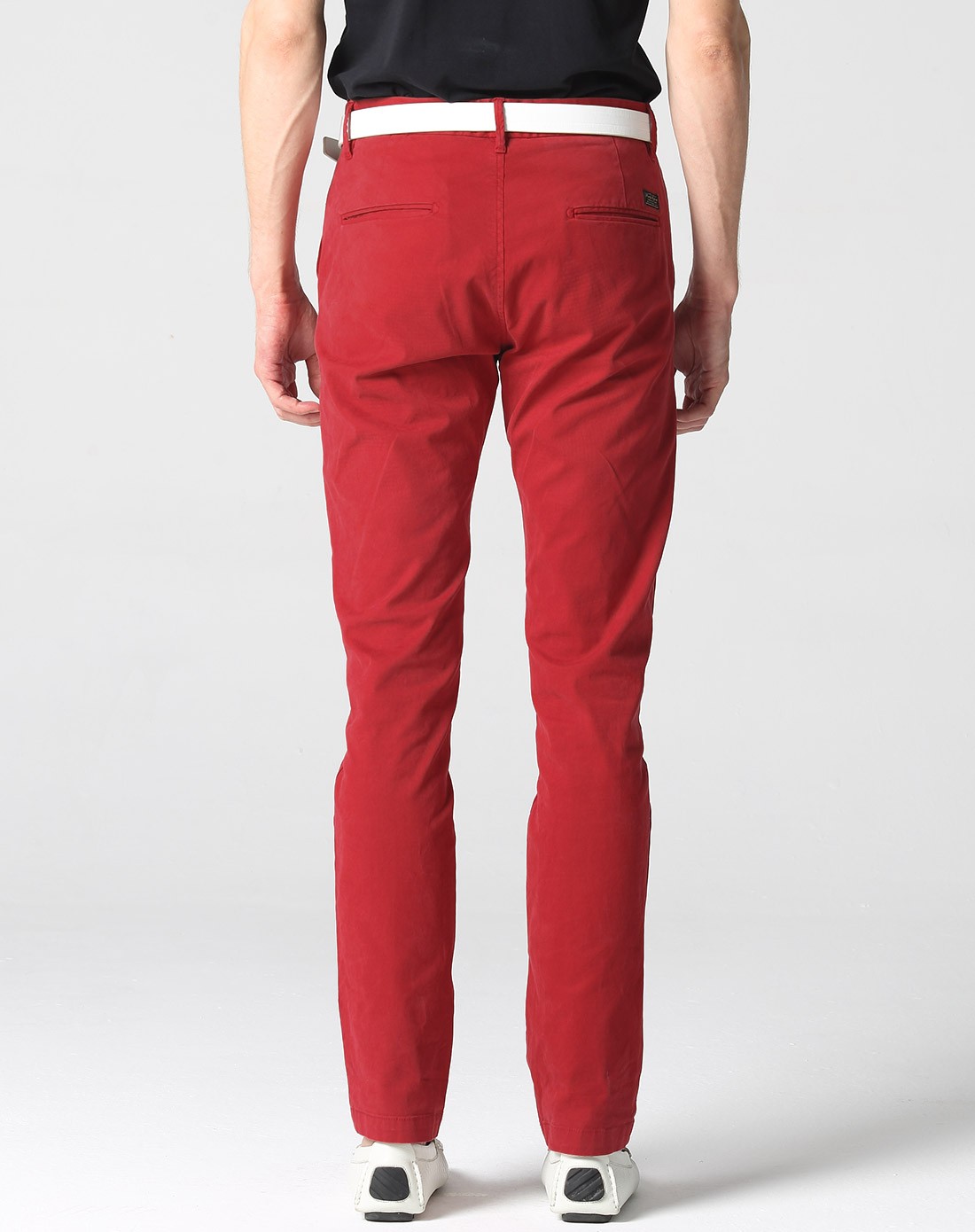 茜红色弹力修身休闲长裤