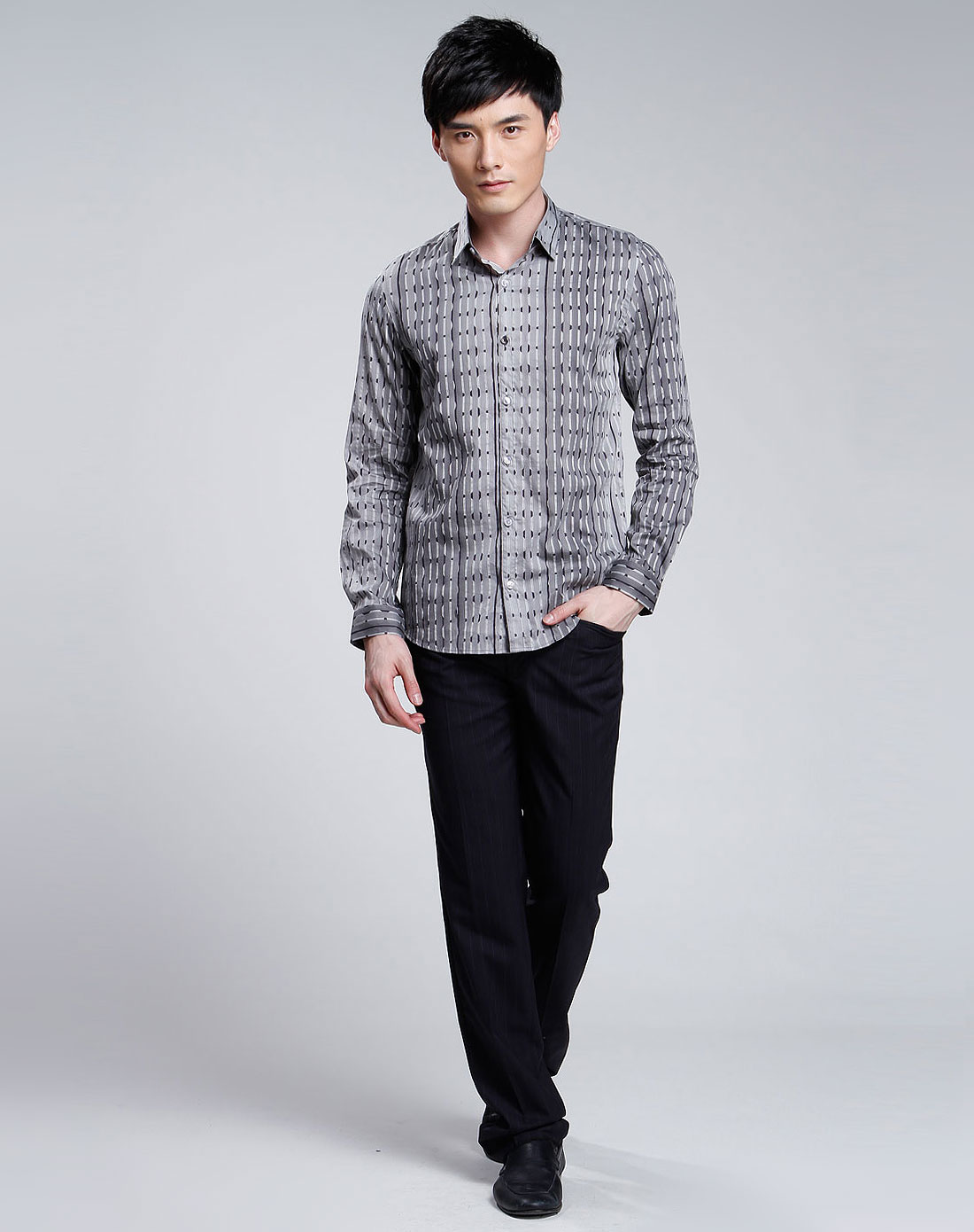 desigual 男款灰色个性条纹长袖衬衫