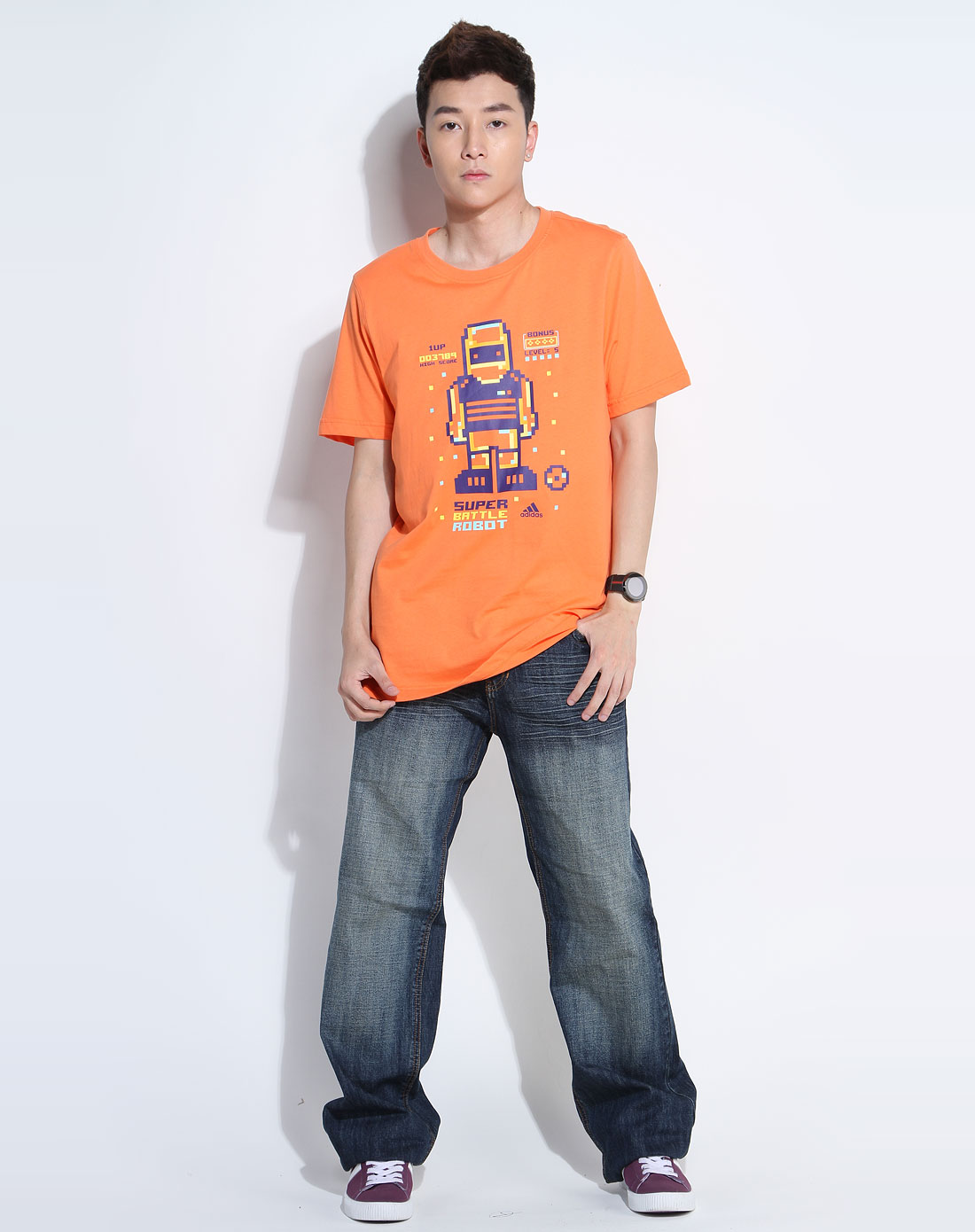 男款荧光橙/多色时尚印花短袖t恤