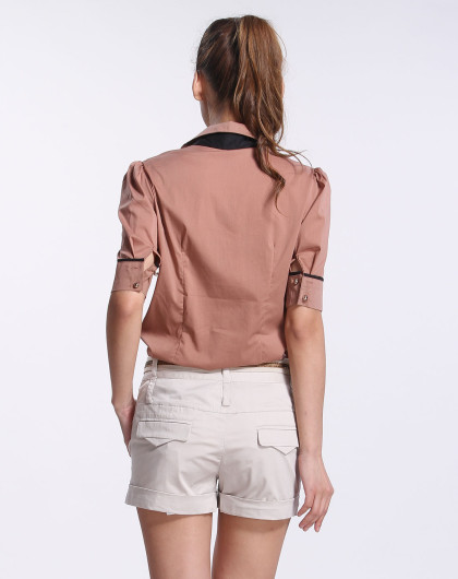 粉咖啡色荷叶边短袖休闲衬衣