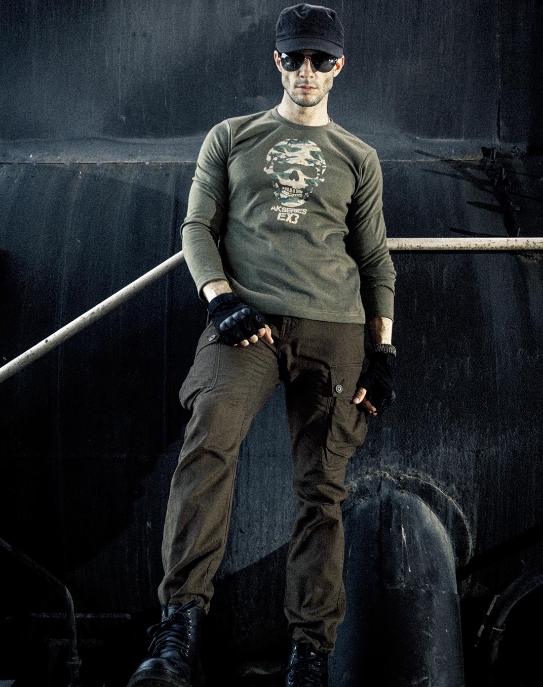 男军绿敢死队骷髅头长袖t恤