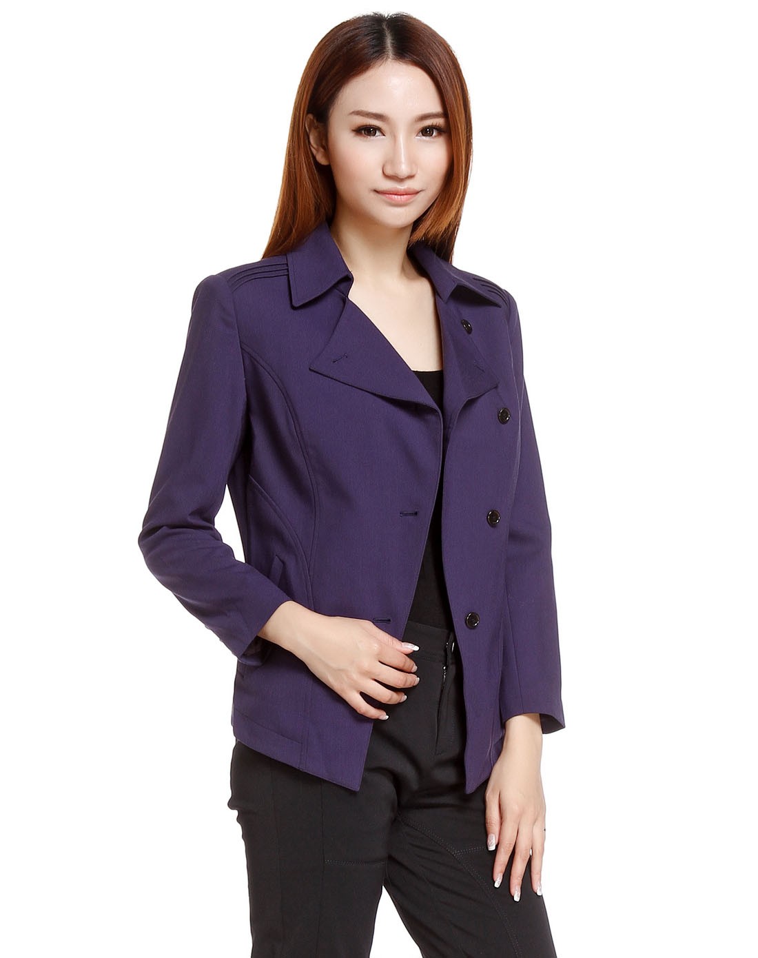 深紫蓝色修身时尚斜门襟长袖夹克