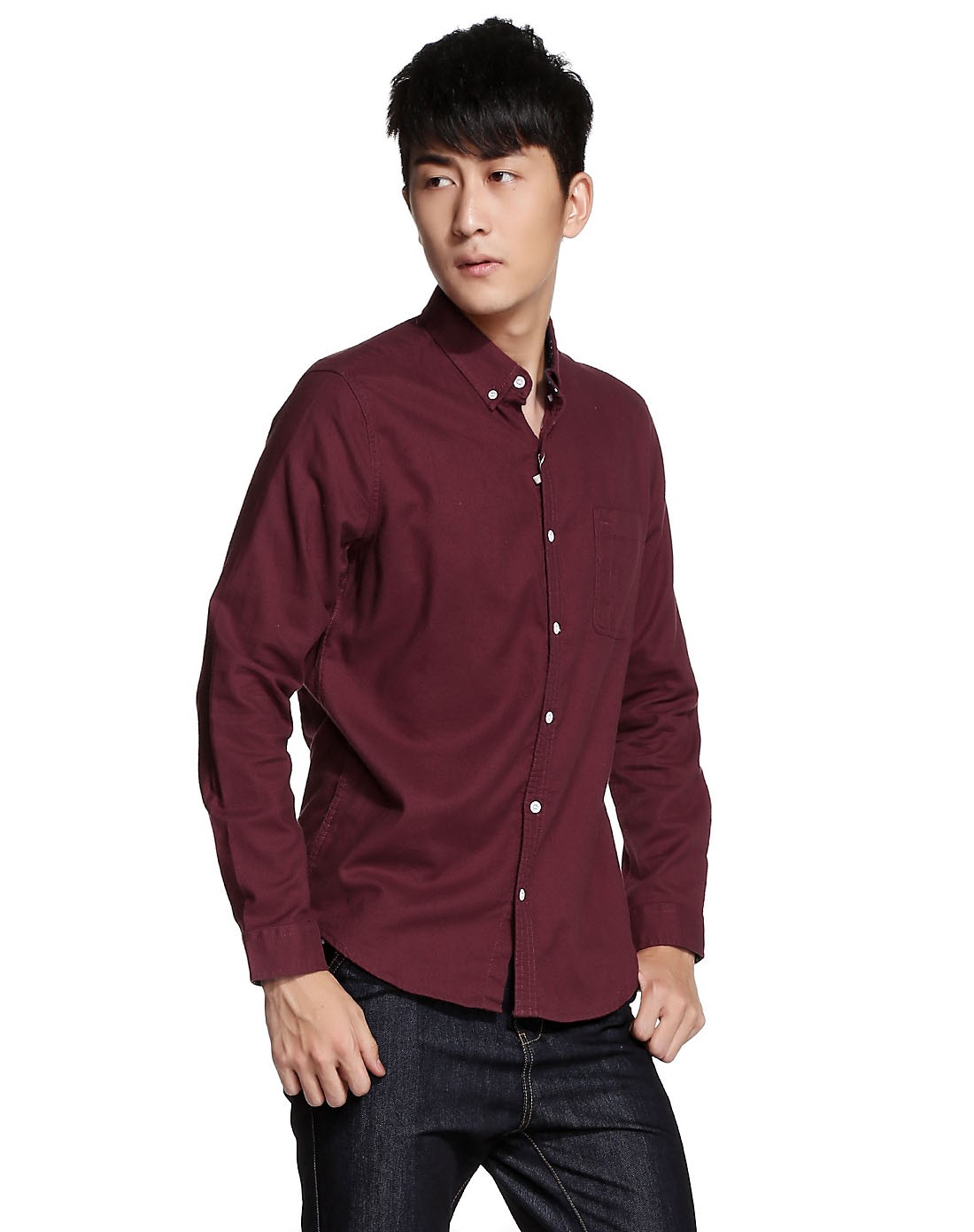 清新酒红色长袖衬衫