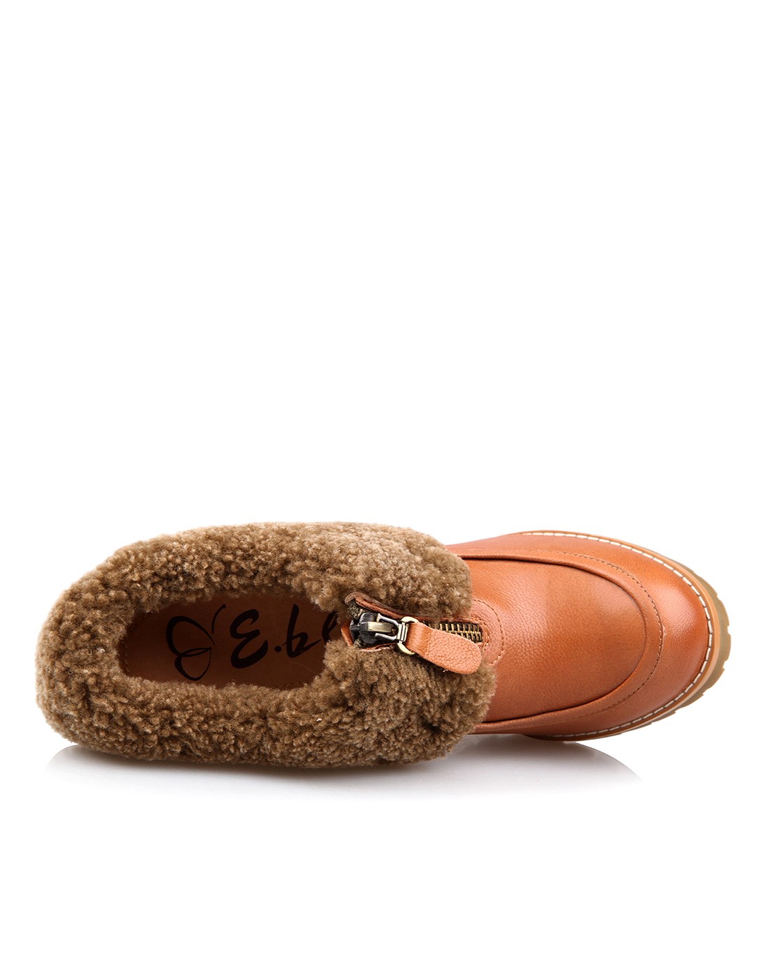 伊伴 棕色牛皮/羊卷毛时尚翻边拉链单鞋
