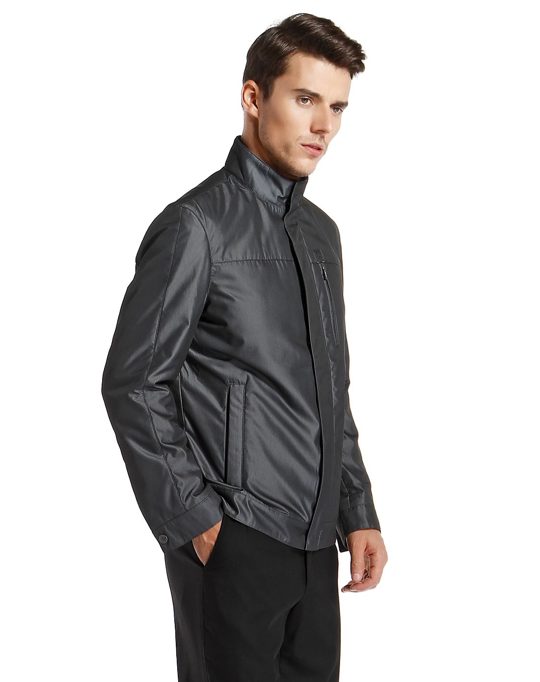 尼诺里拉ninoriva男装专场 > 深灰色帅气简约拉链长袖棉茄克