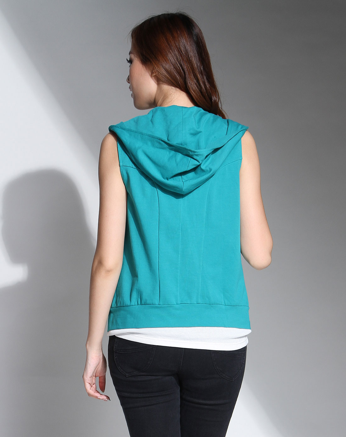葱青色简约连帽无袖卫衣背心