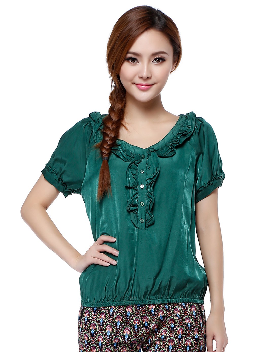 etam 女款斯文休闲翠绿色短袖衬衫