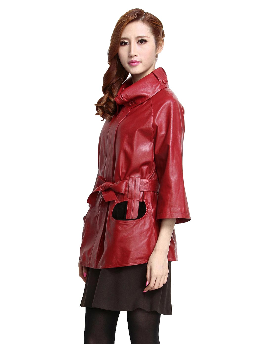 绵羊皮个性百搭长袖红色翻领皮风衣