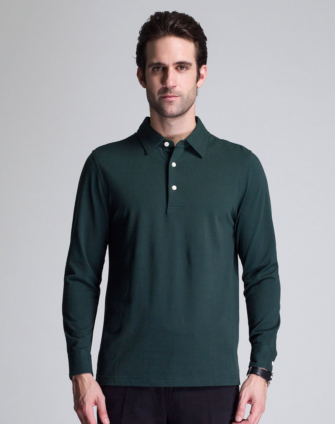 男深绿色稳重桑蚕丝长袖t恤