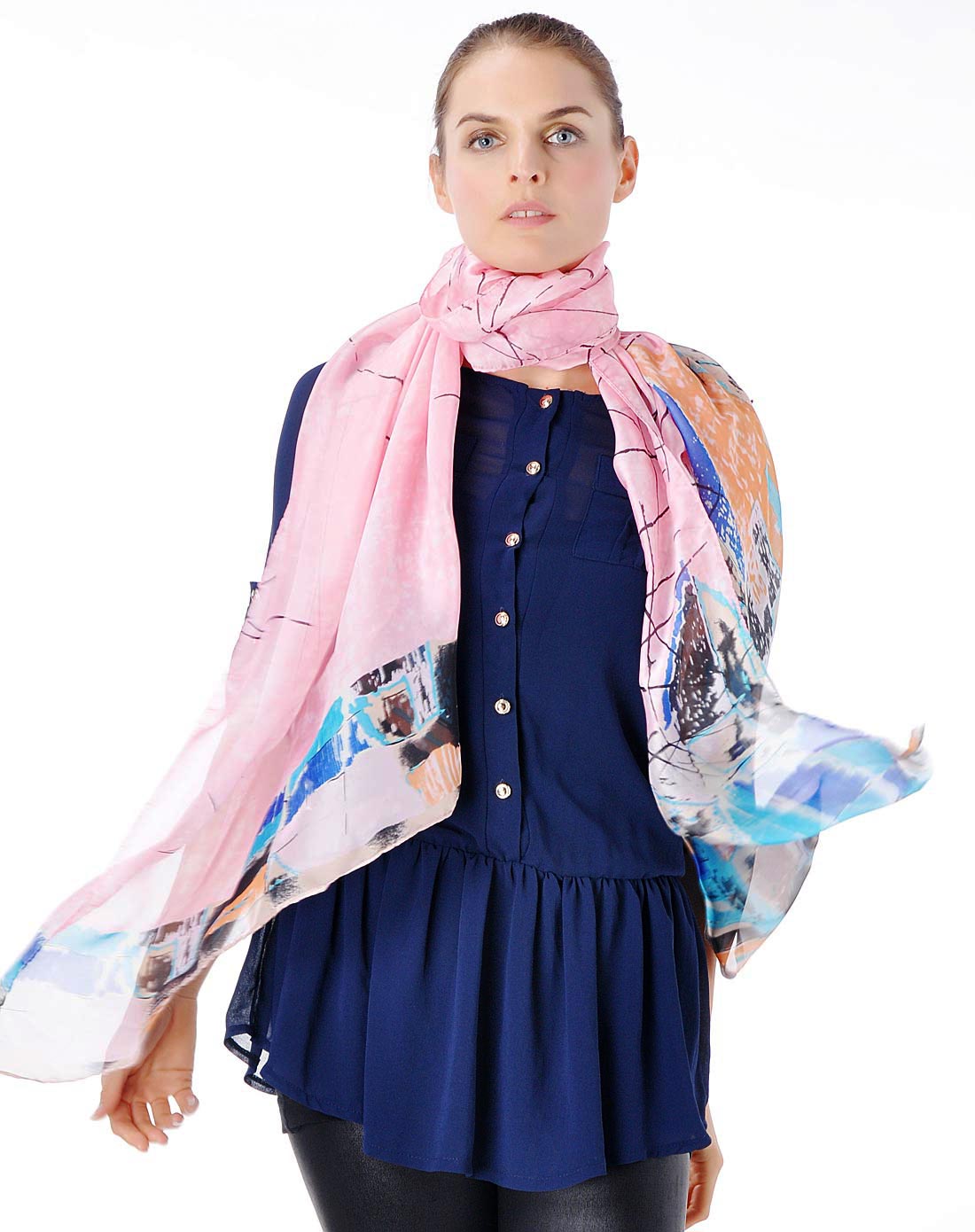 女款粉蓝色时尚休闲印花围巾