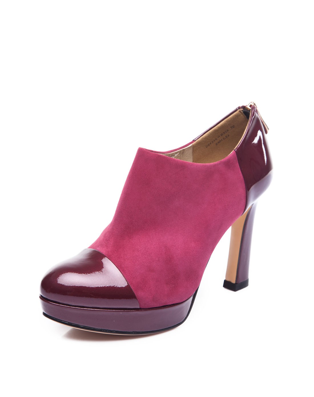 女款深紫红色牛漆皮/羊反绒超高跟深口单鞋