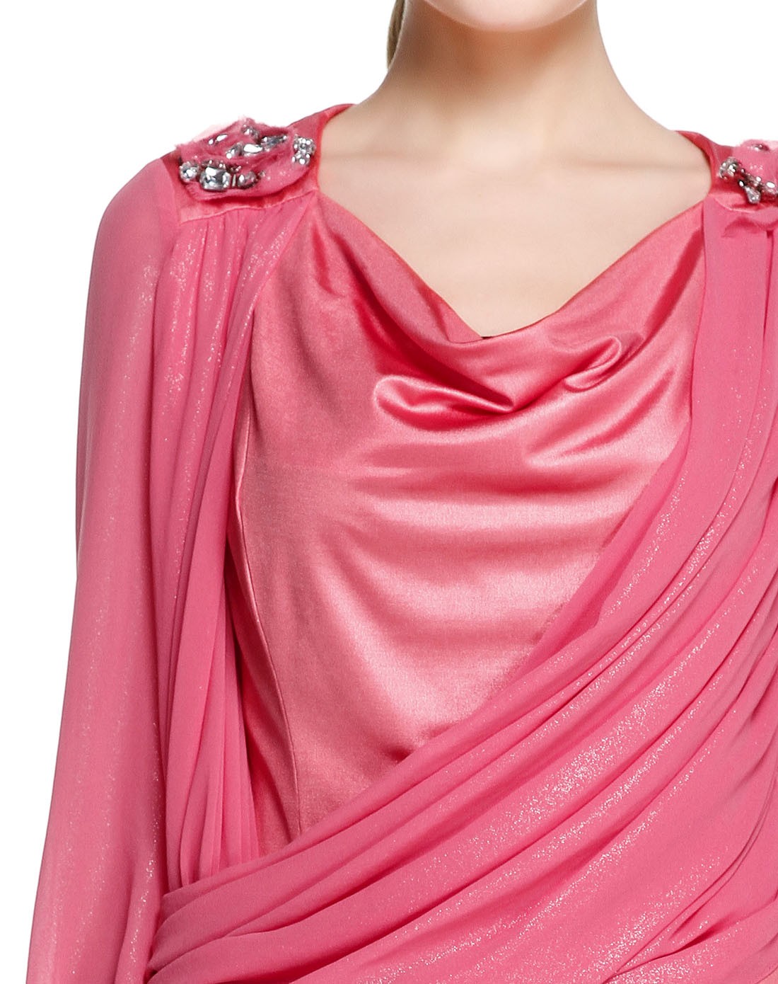 女粉色堆堆领纯色长袖连衣裙