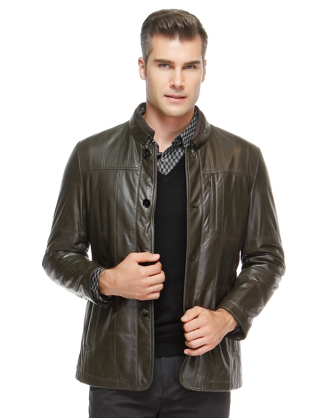 路卡迪龙&莱克代尔男装路卡迪龙luka dilong深灰绿色经典长袖皮衣