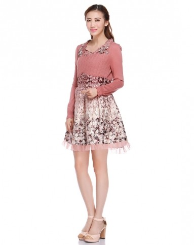 魅力百搭深藕粉色长袖拼接连衣裙