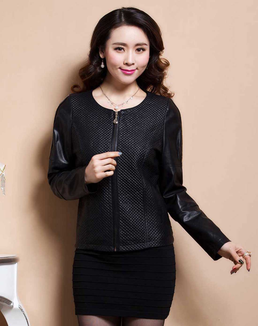 欧泰奇outaiqi黑色圆领拉链上衣760201_唯品会