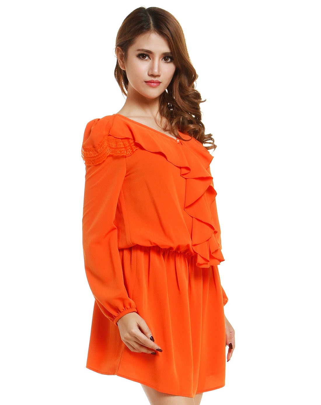 橙色斯文蕾丝百搭长袖连衣裙