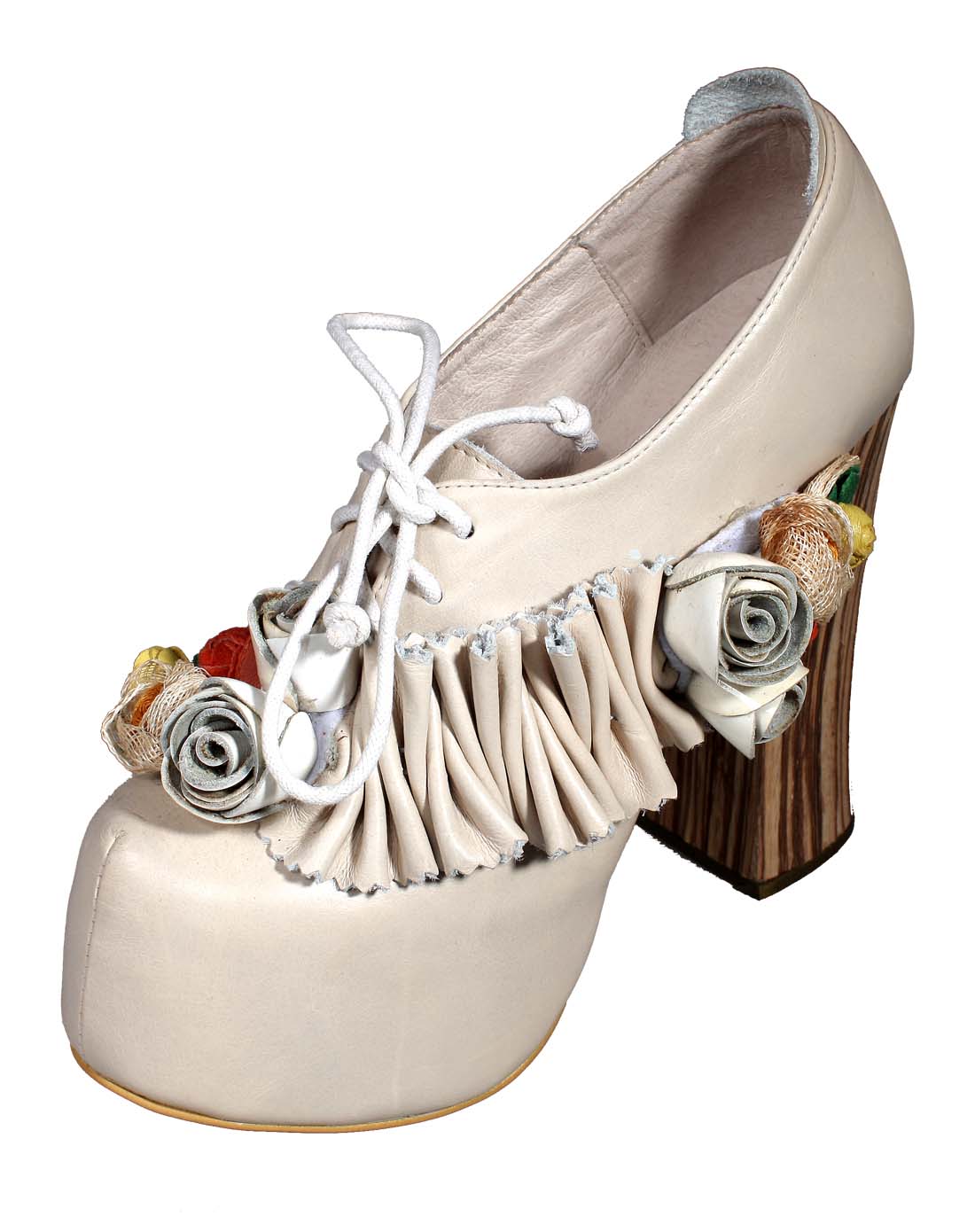 手工花朵褶皱纯牛皮高跟鞋