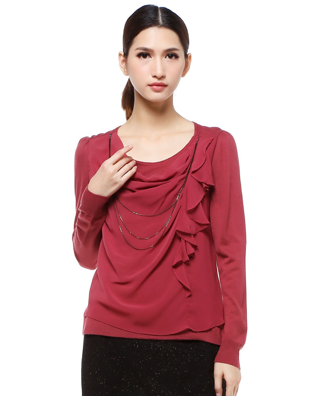 暗玫红色淑女潮流长袖针织衫