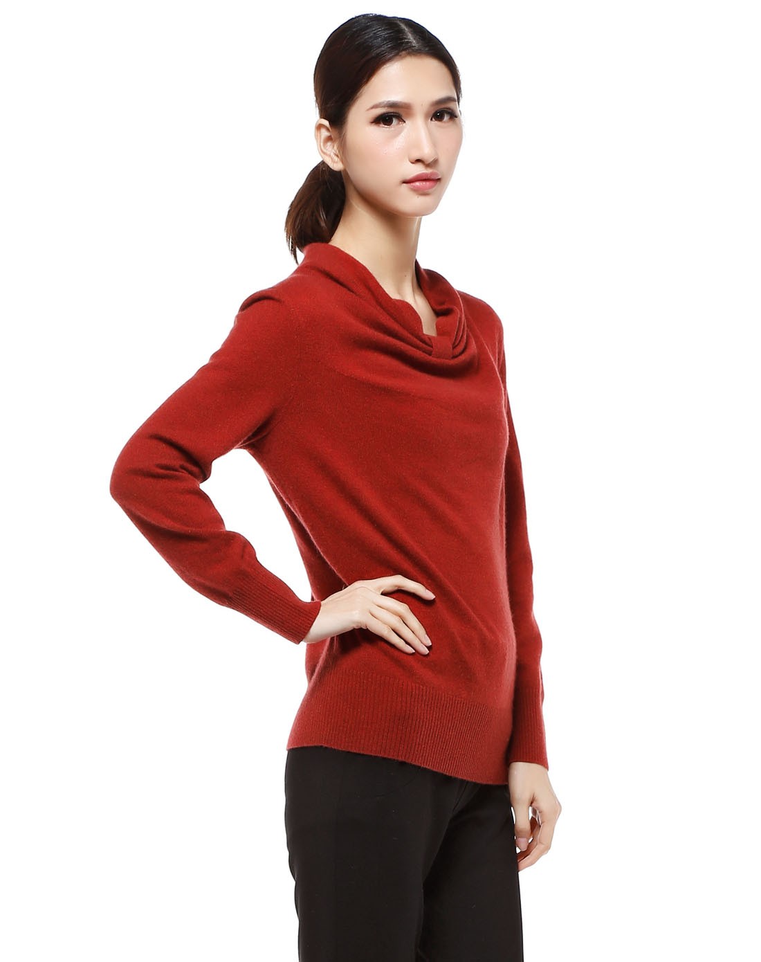 深橘红色休闲风格长袖针织衫