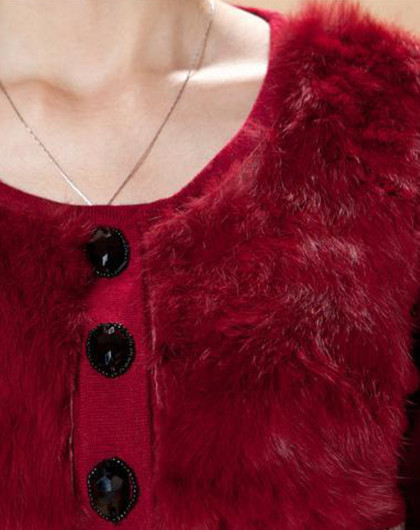 女酒红色撞色修身针织连衣裙