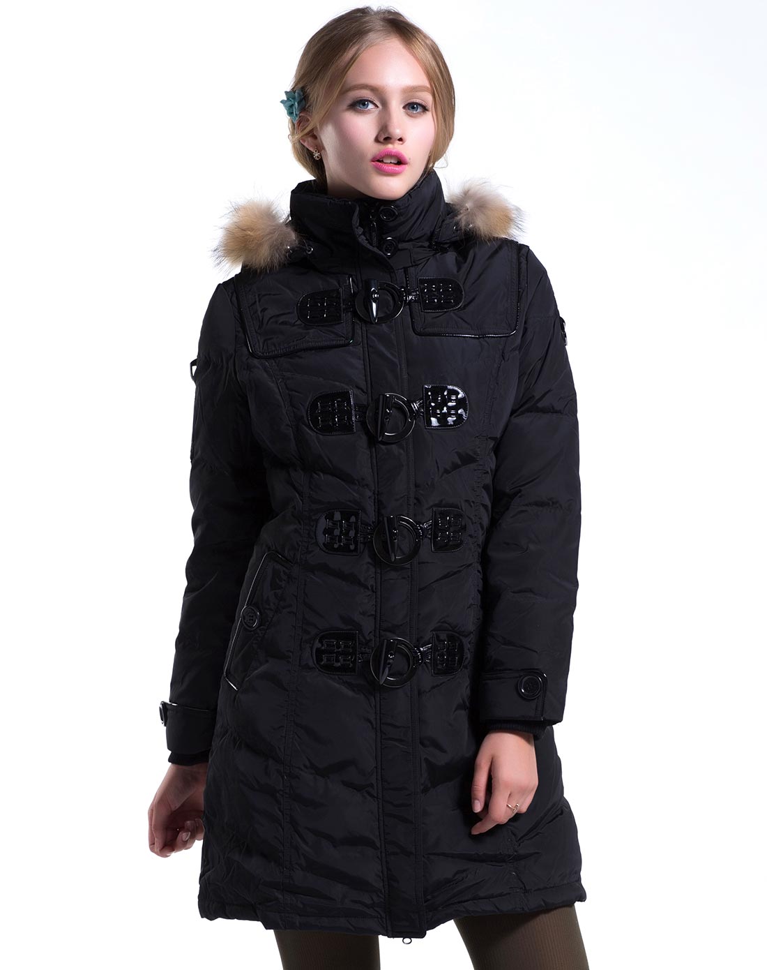 女款黑色冬装中长款毛领羽绒服