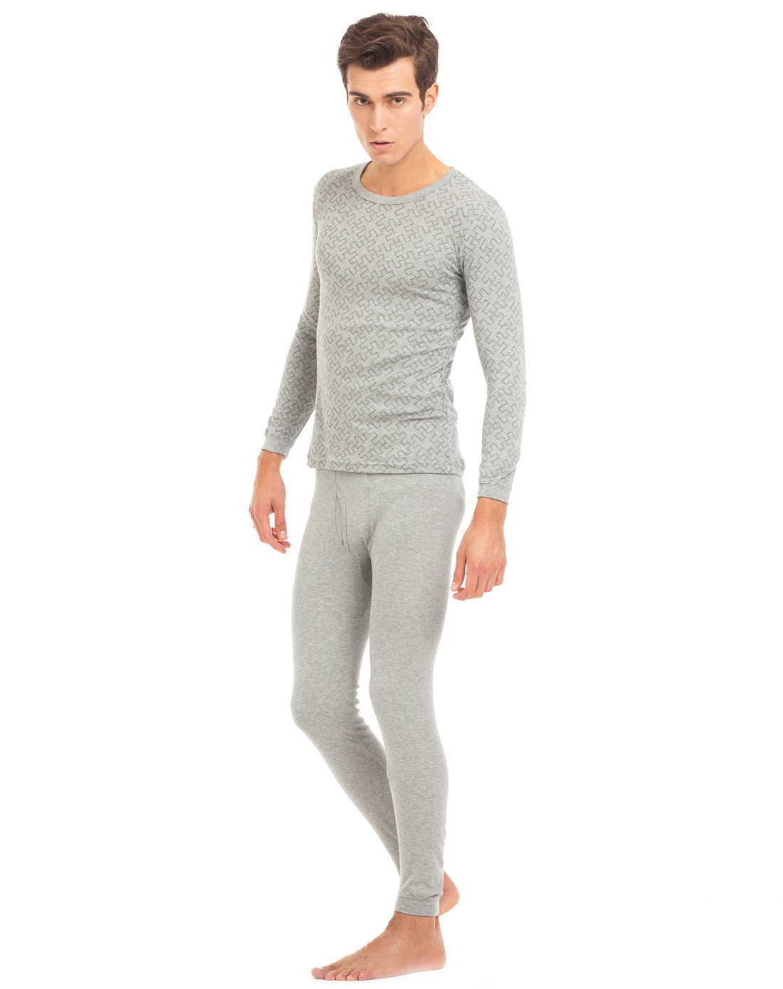 三枪男女内衣混合移动端专场-棉毛印花圆领男内衣衫裤灰花1