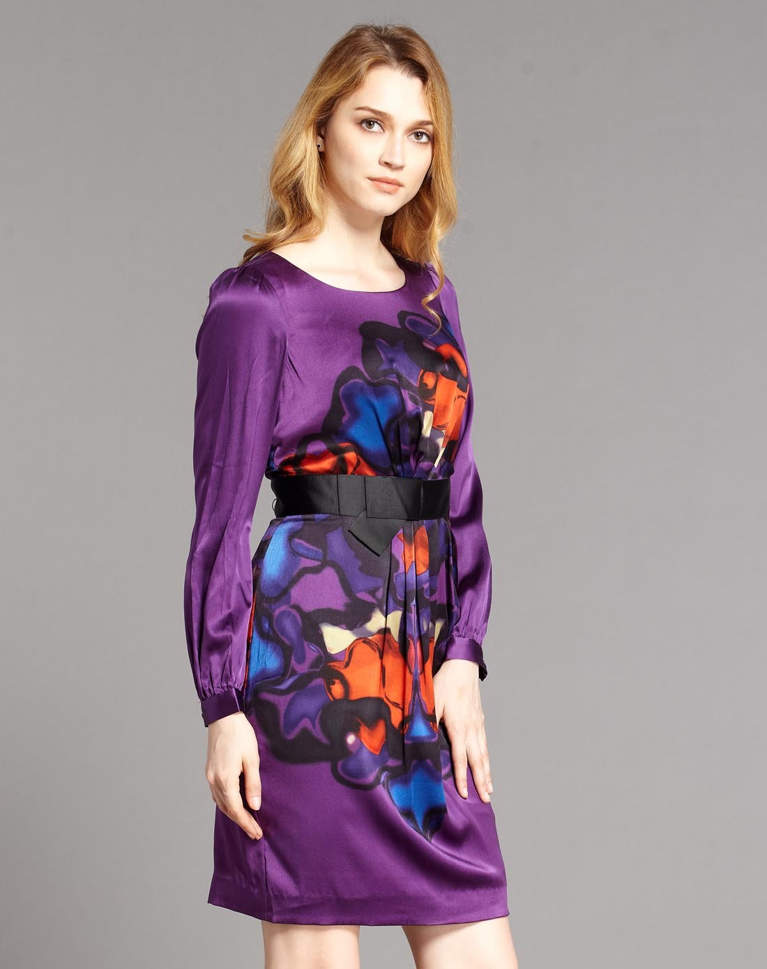 时尚休闲91%桑蚕丝紫色长袖连衣裙