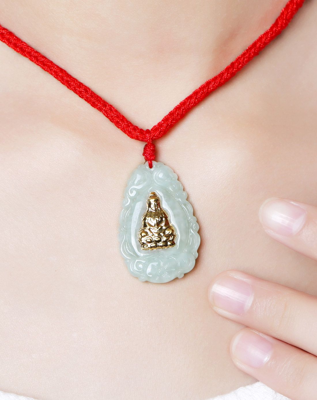 女款金镶玉送福观音时尚吊坠(附证书)