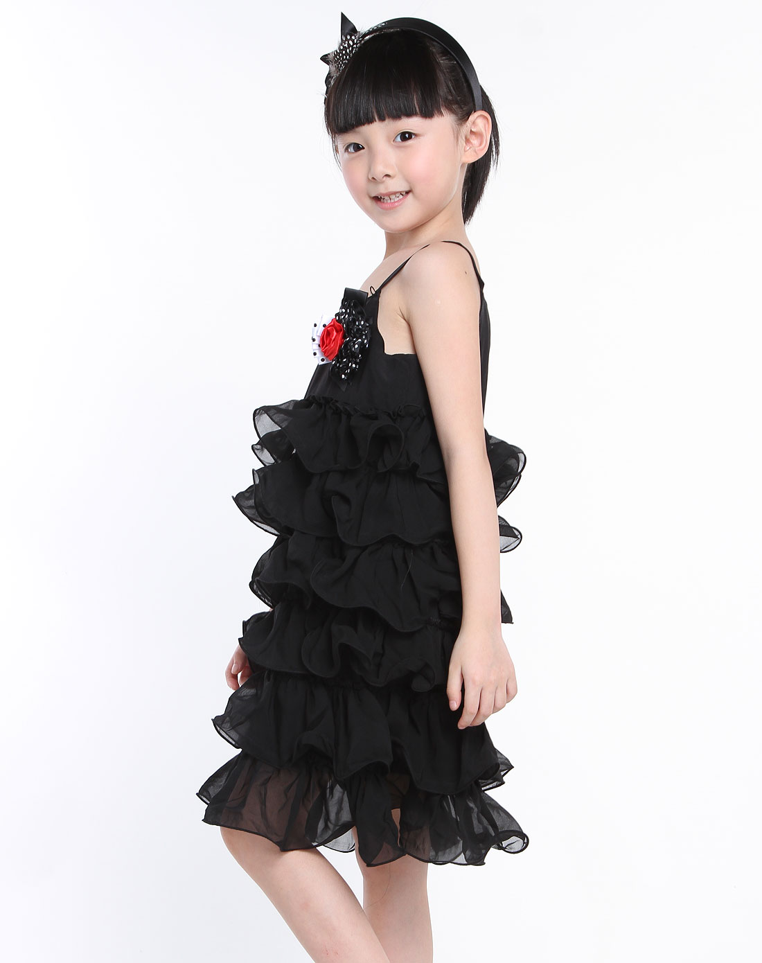 女童黑色经典多层吊带连衣裙