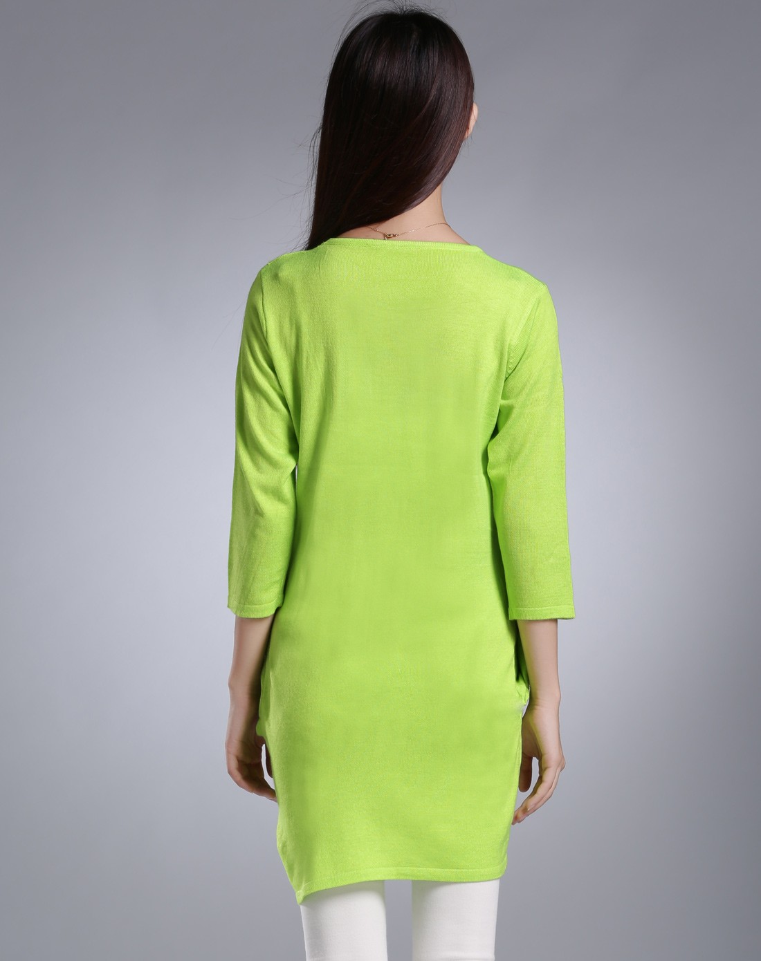 柠檬绿色气质优雅可爱图案七分袖上衣