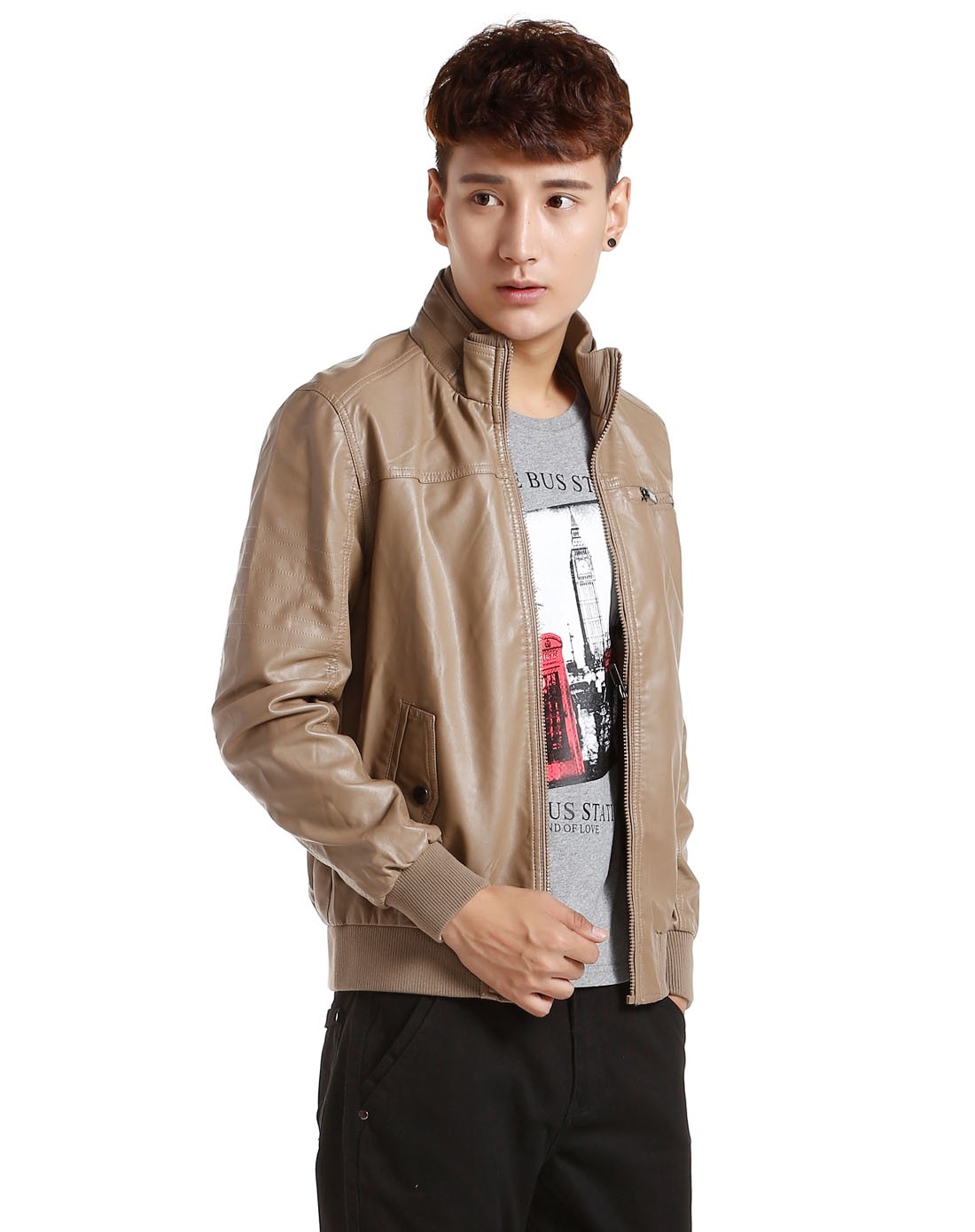 男款小麦色立领pu基本夹克外套