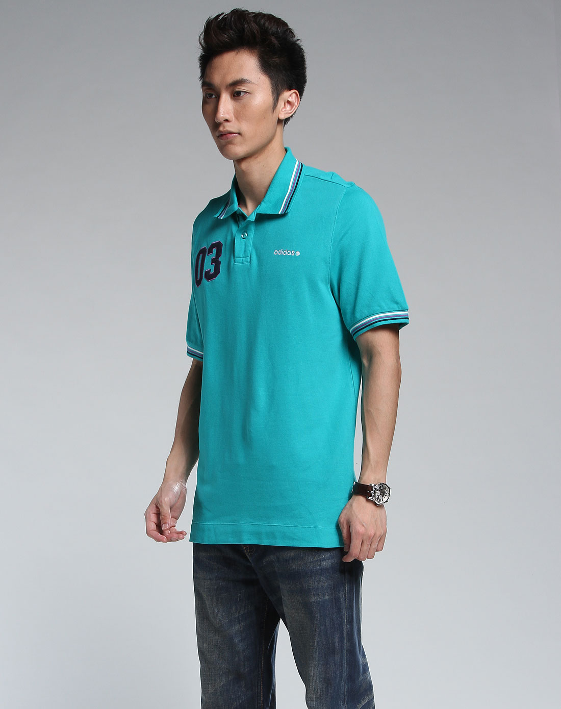 阿迪达斯adidas男装专场-绿色休闲翻领短袖t恤