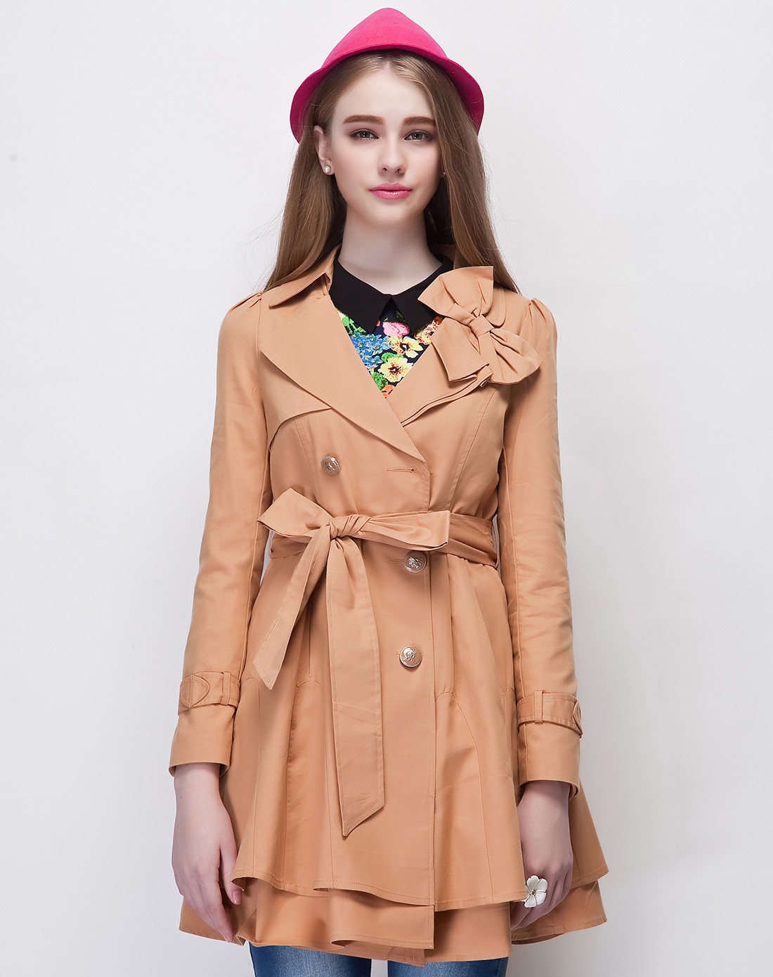 女款驼色西装领带蝴蝶结长袖风衣