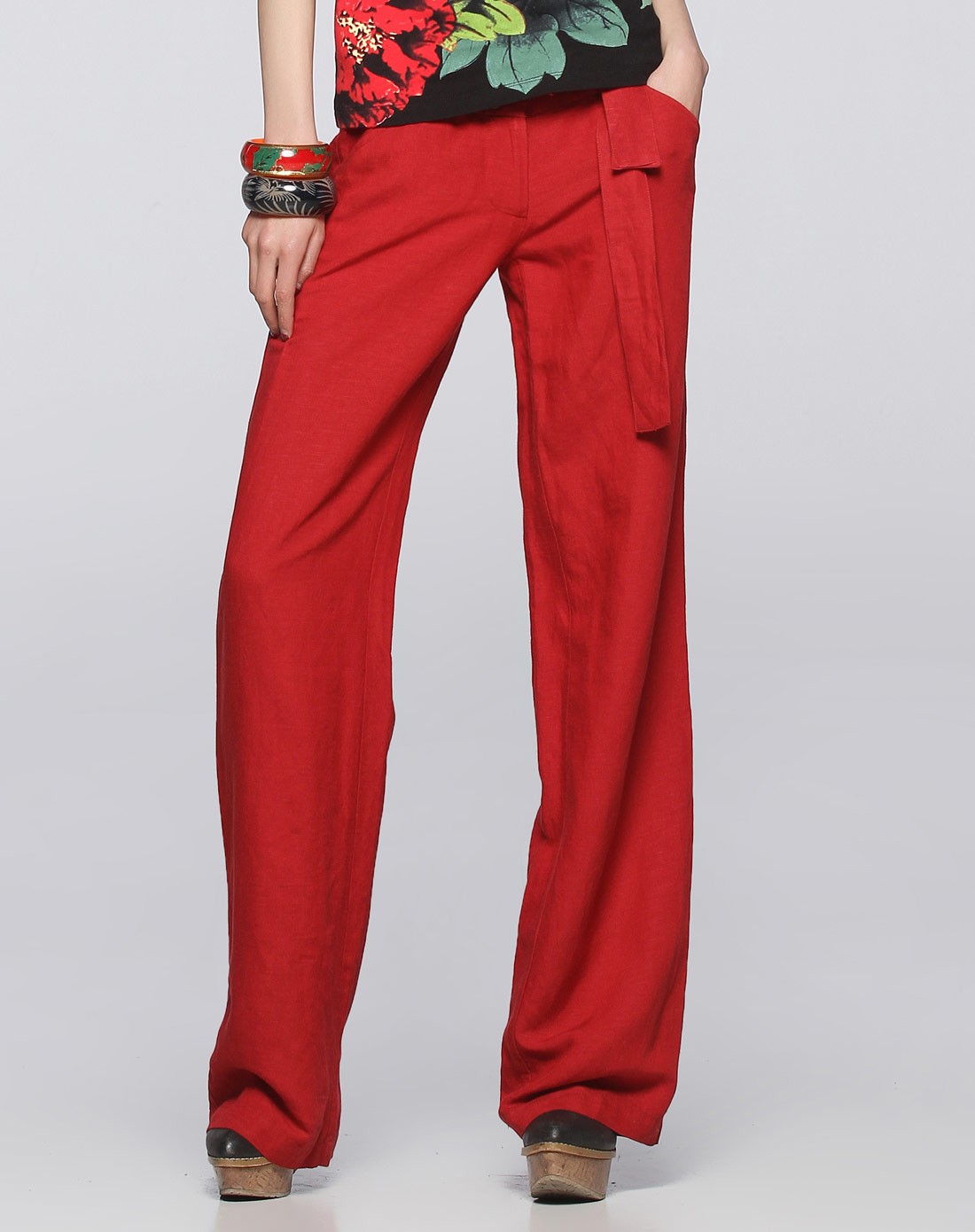 裂帛大红色裤子亚麻阔腿裤休闲裤