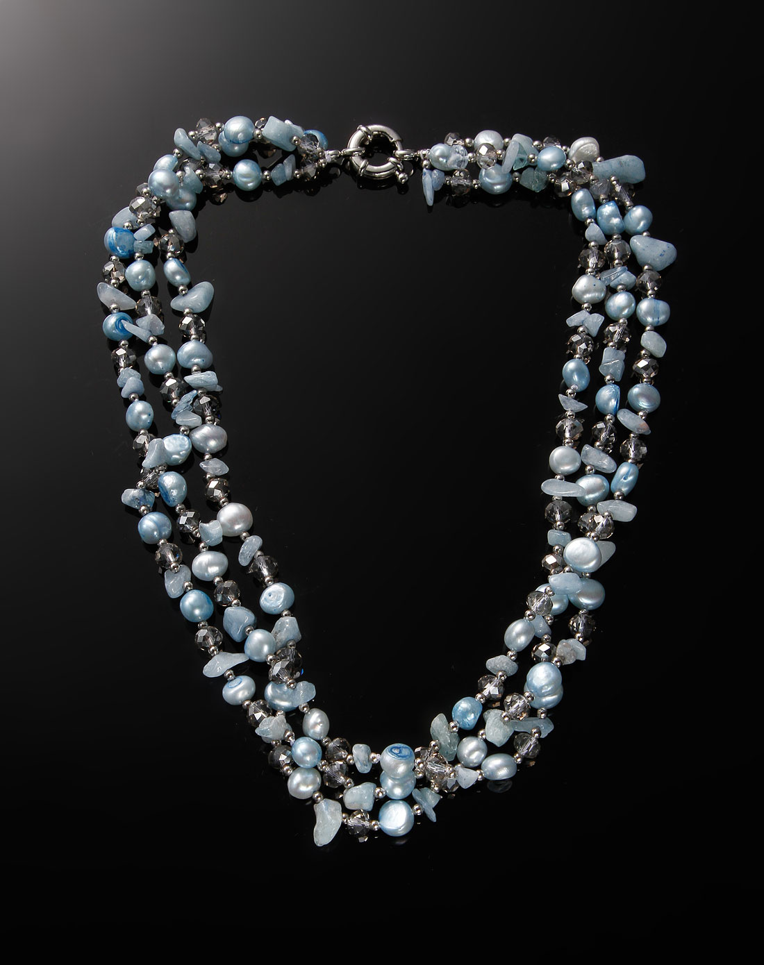 蓝/灰色珍珠水晶三层项链