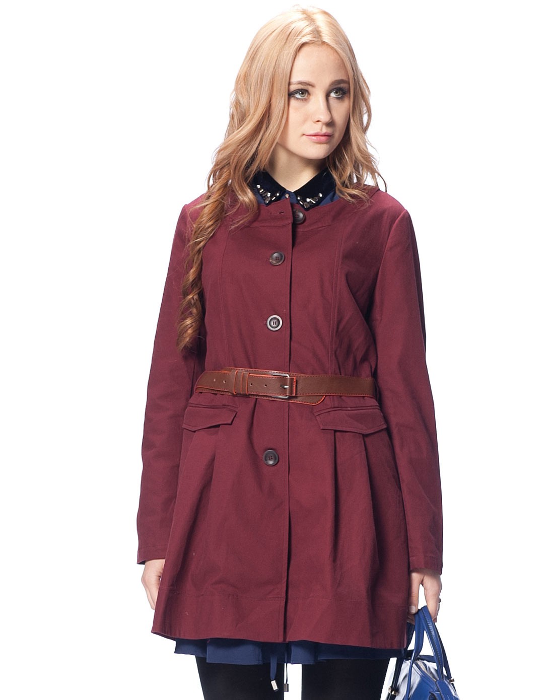 雪歌xuege酒红长袖中长风衣配腰带gx81010a315_唯品会