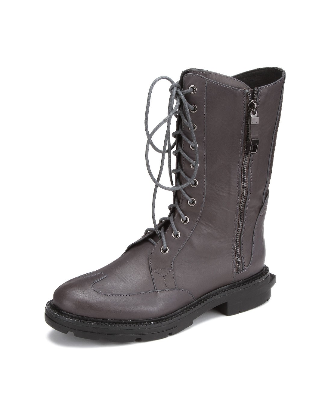 头层深豆灰色小牛皮/枪色珠光金属皮流行/时装低跟矮靴