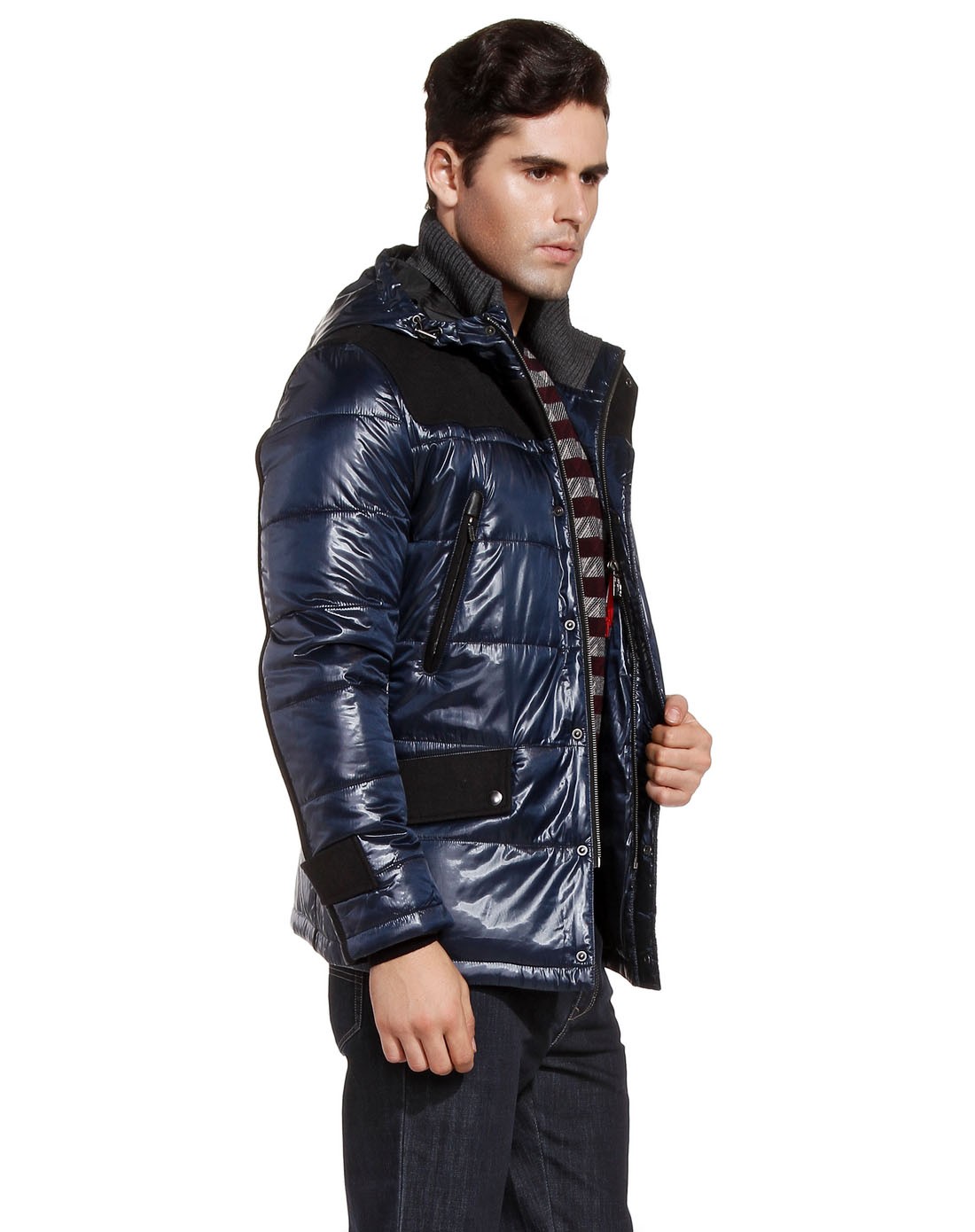 博斯绅威bosssunwen蓝/黑色连帽拼接时尚长袖棉衣tbwmi32090n2_唯品会