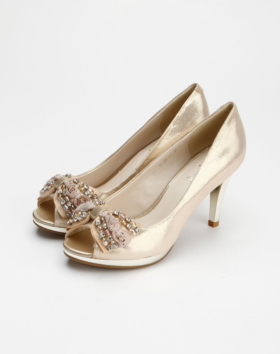 卡迪娜kadina女款粉金色闪光羊皮水钻鱼嘴鞋