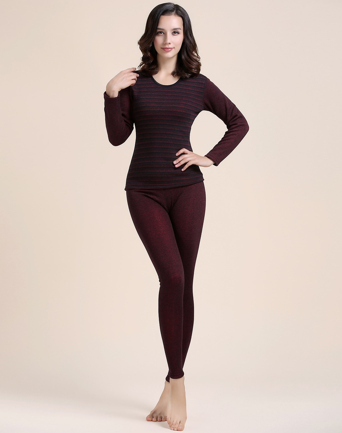 浪莎女士洋枣红炫彩保暖内衣套装