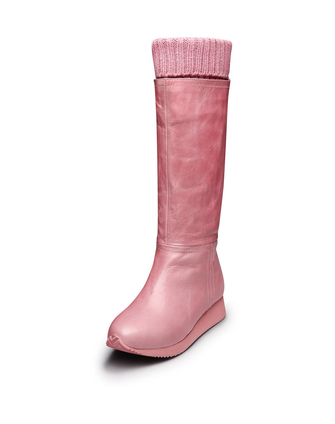 粉色真皮高筒靴女坡跟毛线翻折低跟长靴